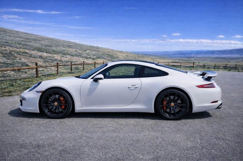Porsche 911 Carrera S Coupe — side profile at a scenic overlook