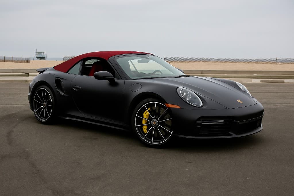 Porsche 911 Turbo S Cabriolet — matte black with red soft top, beach front three-quarter