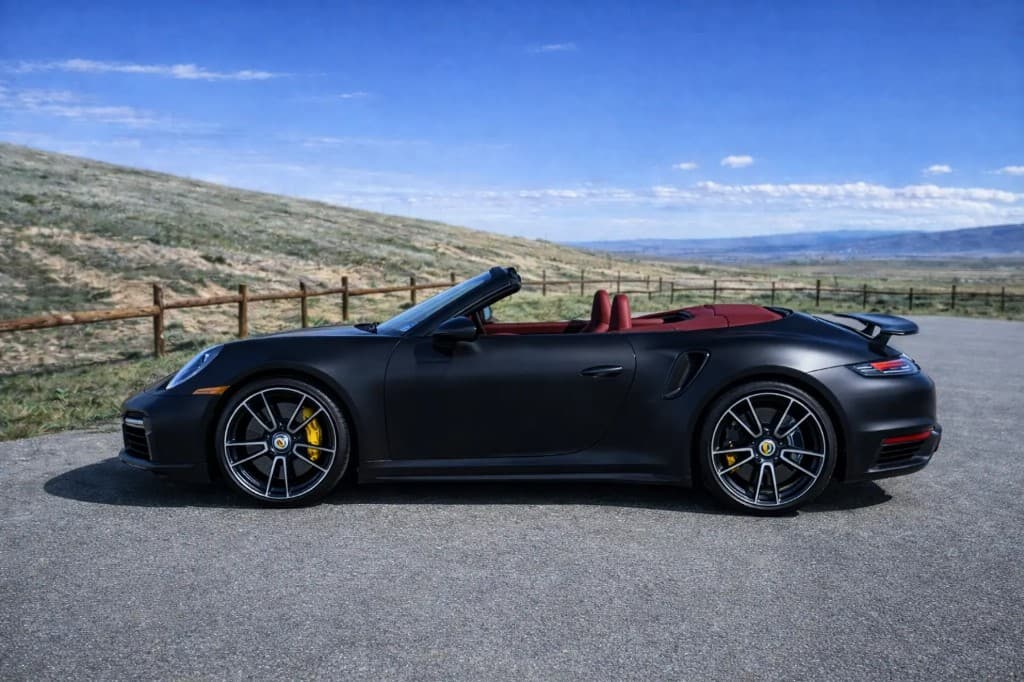 Porsche 911 Turbo S Cabriolet — matte black side profile with top down at canyon
