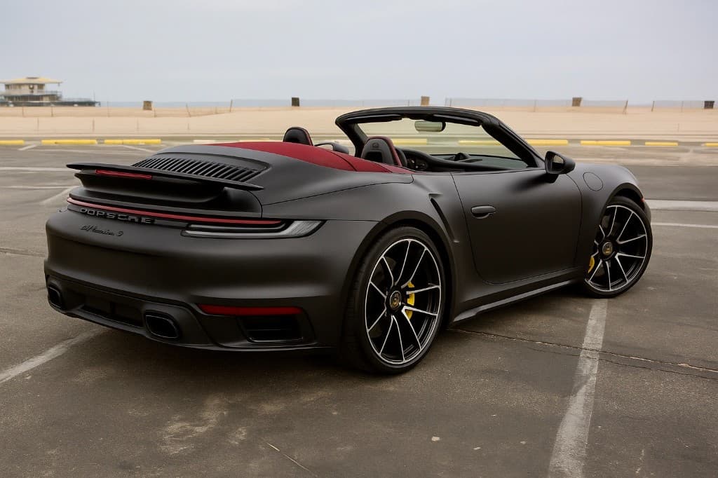 Porsche 911 Turbo S Cabriolet — matte black rear three-quarter near the beach